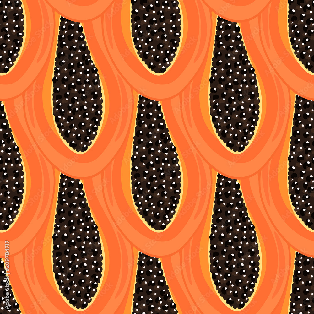Fototapeta premium Seamless pattern with tropical fruits. Healthy dessert. Fruity background. Carica papaya. Exotic food. Wrapping paper, print on clothes, wallpaper, summer banner. Vector illustration, eps10