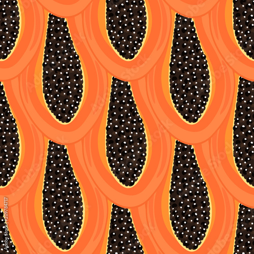 Seamless pattern with tropical fruits. Healthy dessert. Fruity background. Carica papaya. Exotic food. Wrapping paper, print on clothes, wallpaper, summer banner. Vector illustration, eps10