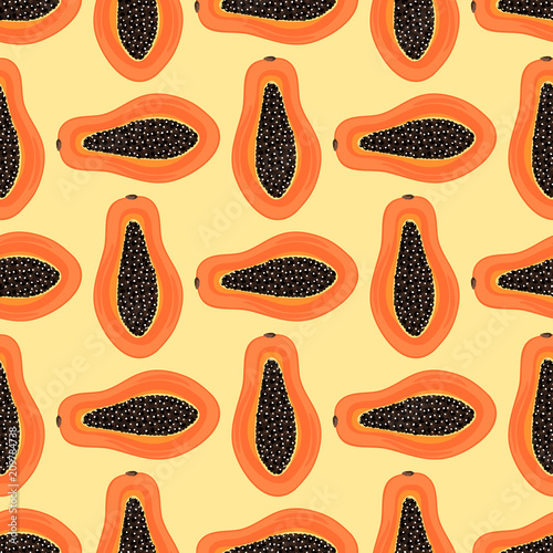 Seamless pattern with tropical fruits. Healthy dessert. Fruity background. Carica papaya. Exotic food. Wrapping paper, print on clothes, wallpaper, summer banner. Vector illustration, eps10