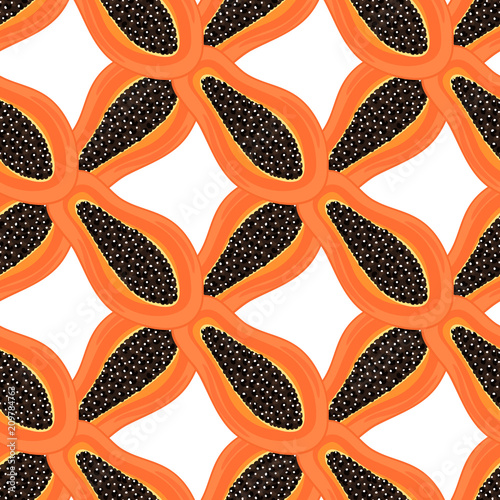 Seamless pattern with tropical fruits. Healthy dessert. Fruity background. Carica papaya. Exotic food. Wrapping paper, print on clothes, wallpaper, summer banner. Vector illustration, eps10