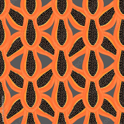 Seamless pattern with tropical fruits. Healthy dessert. Fruity background. Carica papaya. Exotic food. Wrapping paper, print on clothes, wallpaper, summer banner. Vector illustration, eps10
