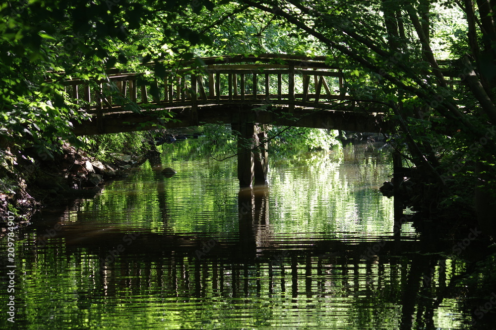 Old romantic Bridge in forest for hiking and adventures Old romantic Bridge in forest for hiking and adventures