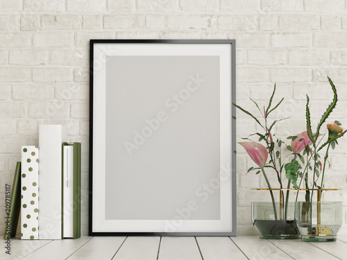 Mock up poster, empty frame with flowers and books decor, 3d render, 3d illustration