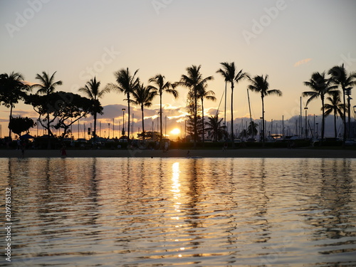 Hawaii sunset between palm trees with water reflection 
