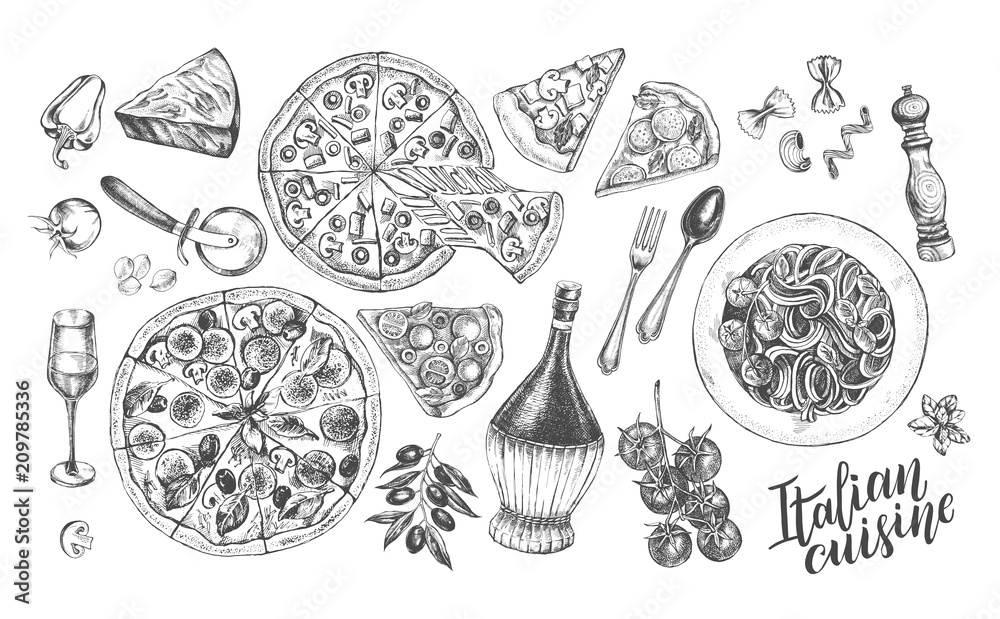 Fototapeta Pizza, wino chianti, mozzarella, makaron spaghetti, parmezan. Zestaw tradycyjnych potraw i produktów kuchni włoskiej. Atrament ręcznie rysowane ilustracji wektorowych. Elementy żywności.