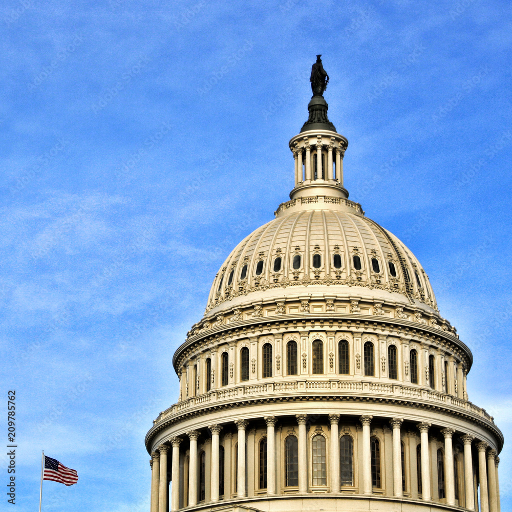 United States Capitol dome with small American  flag in foreground