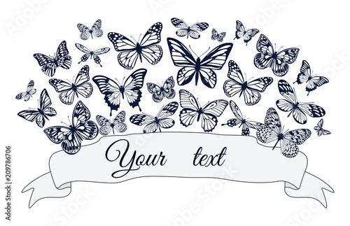 Poster with silhouettes of butterflies of different sizes. Vector illustration.