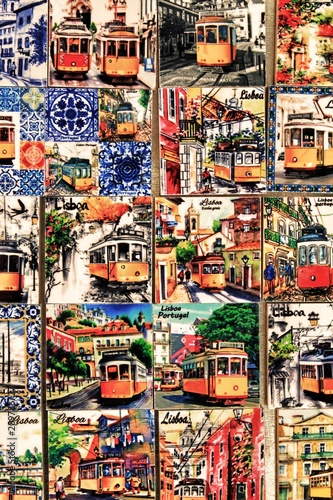Fridge souvenir magnets imitating portuguese tiles with trams