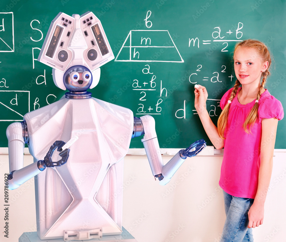 Teacher robot with schoolchild girl in school class next to blackboard.  Interactive ai online learning future for kids concept. Stock Photo | Adobe  Stock