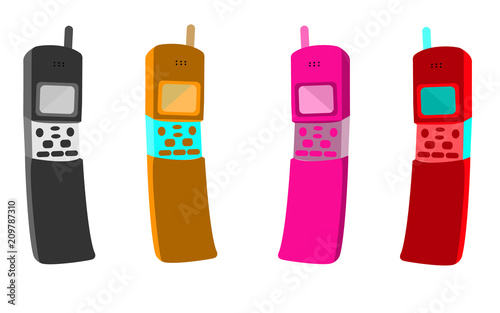 Four old multicolored button retro hipster vintage mobile phones with an antenna in a slider form factor, a clamshell.