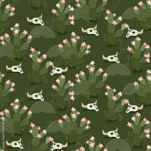 Cactus and skulls in desert green seamless vector pattern.