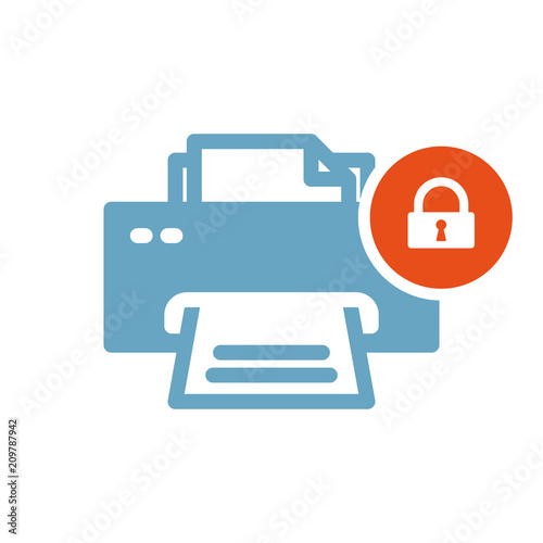 Printer icon, technology icon with padlock sign. Printer icon and security, protection, privacy symbol