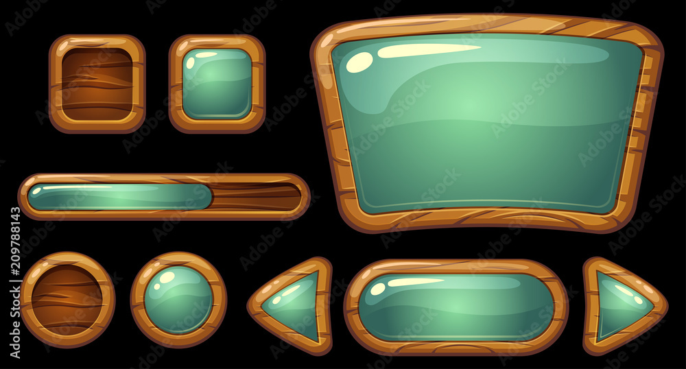 GUI wooden buttons with glossy effects. Game  elements