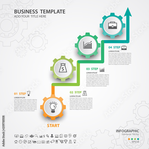 Infographics elements diagram with 4 steps, options, Vector illustration, gears 3d icon, presentation,  advertisment, Process chart, business flyer, banner design, web design, timeline, silde