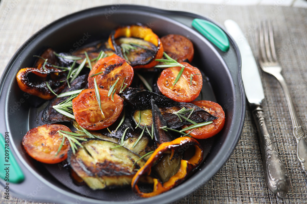 Vegetables grilled pan fried eggplant and tomatoes