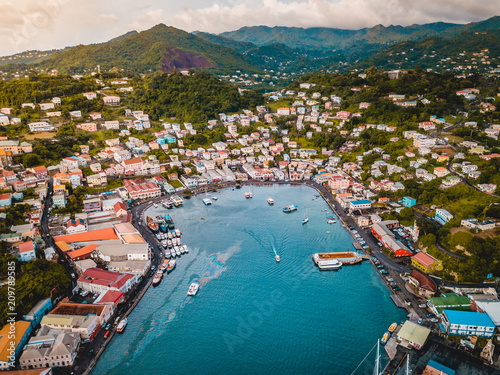 Tropical Caribbean City Port with boats and ships Grenada photo