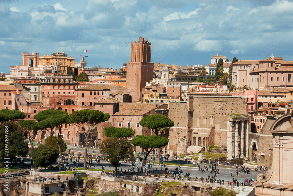 View of the Imperial Fora Avenue from Palatine Hill, in the historic center of Rome