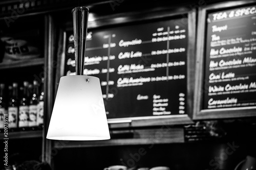 Menu Board in Cafe Deli Restaurant with Lamp Black and White