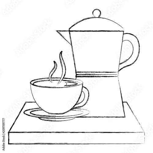 coffee teapot with tray and cup isolated icon vector illustration design