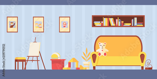 Vector kids room interior for study and painting. Horizontal playroom with easel, toys and sofa in light colors. Teddy bear on couch and frames for photo on wall.
