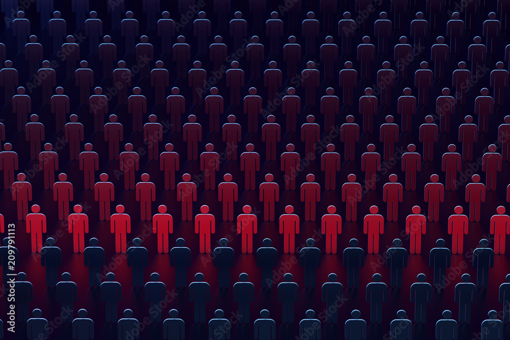 Obraz premium A row of people glowing red. Statistics concept. 3D rendering