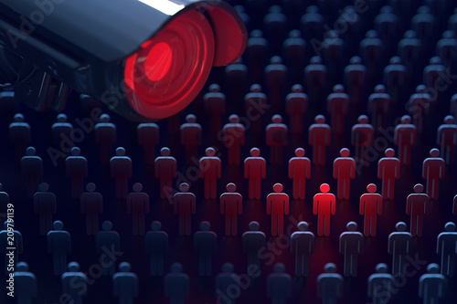 Big Brother is watching. Giant CCTV camera watches a man. No secrets, no privacy concept. 3D rendering