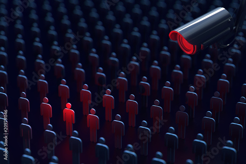 Camera is watching a citizen. Copy space included. ACTA and end of privacy concept. 3D rendering.