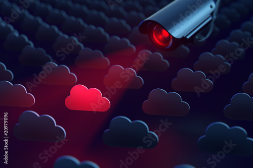 Big Brother is watching: a camera scans cloud storage ignoring the privacy. Privacy and security endangered concept. 3D rendering