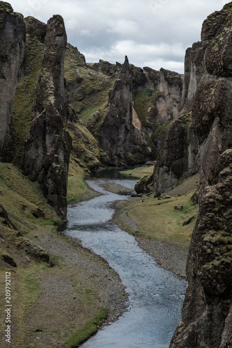 Front view of huge canyon with river in iceland