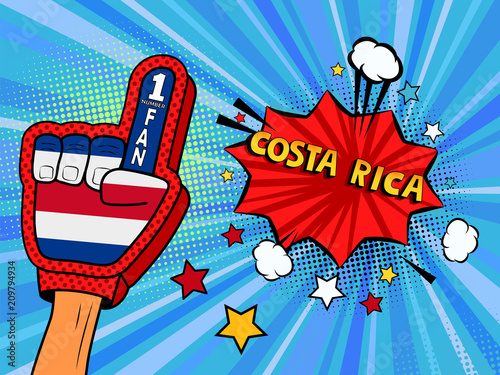 Male hand in the country flag glove of a sports fan raised up celebrating win and Costa Rica speech bubble with stars and clouds. Colorful illustration in retro comic style