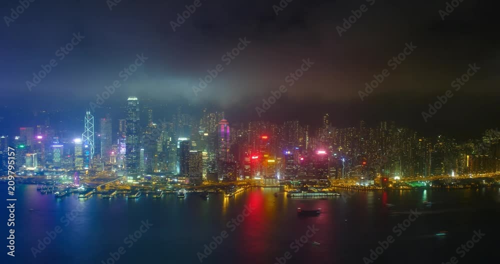 Aerial timelapse of illuminated Hong Kong skyline. Hong Kong, China Aerial timelapse of illuminated Hong Kong skyline. Hong Kong, China