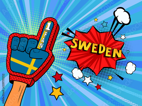 Male hand in the country flag glove of a sports fan raised up celebrating win and Sweden speech bubble with stars and clouds. Colorful illustration in retro comic style