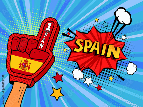 Male hand in the country flag glove of a sports fan raised up celebrating win and Spain speech bubble with stars and clouds. Colorful illustration in retro comic style