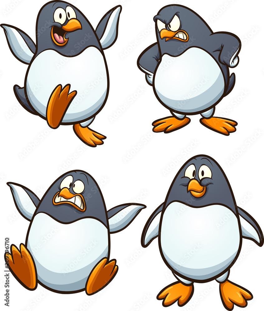 Obraz premium Cartoon penguin with different expressions. Vector clip art illustration with simple gradients. Each on a separate layer. 