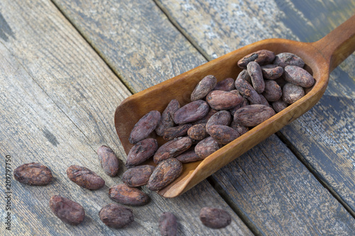 cacao bean in wooden spoon with roast bean on wooden planl,sidewiew photo