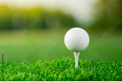 close up the golf ball on tee pegs ready to play in the green background photo