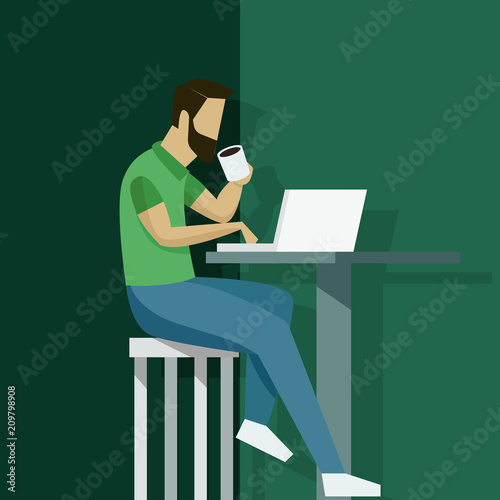 Vector illustration in flat style with business man character - guy sitting at the desk with laptop - start up, freelance and outsource work concept