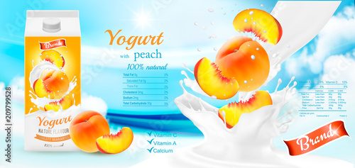 Fruit yogurt with berries advert concept. Yogurt flowing into a cup with peach. Design template. Vector.
