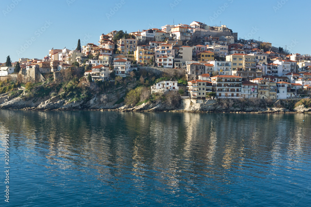 Panoramic view of Aegean sea and olt town of Kavala, East Macedonia and Thrace, Greece