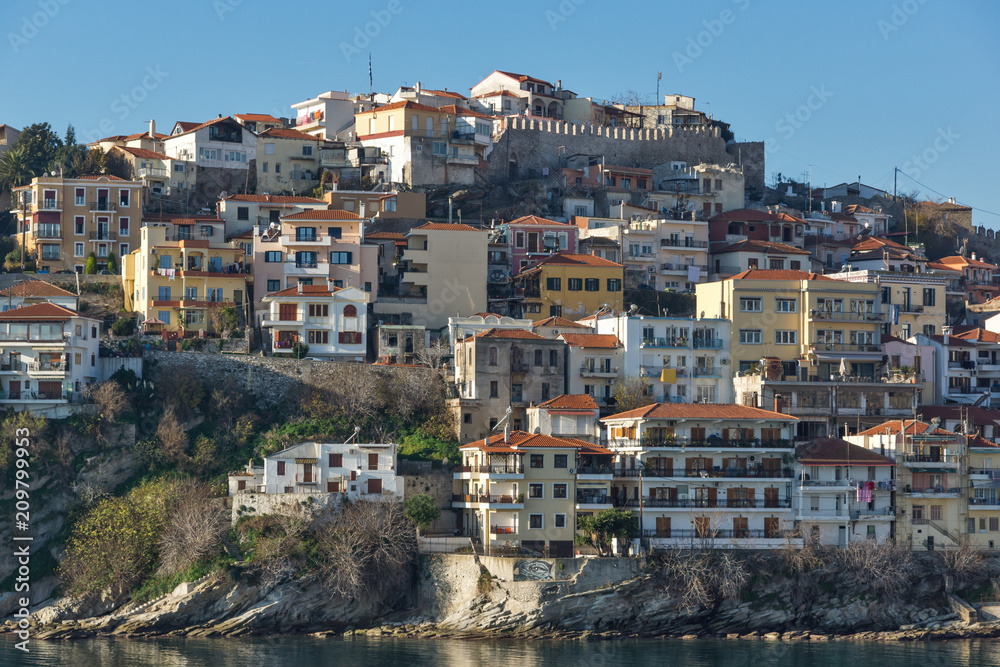 Panoramic view of Aegean sea and olt town of Kavala, East Macedonia and Thrace, Greece