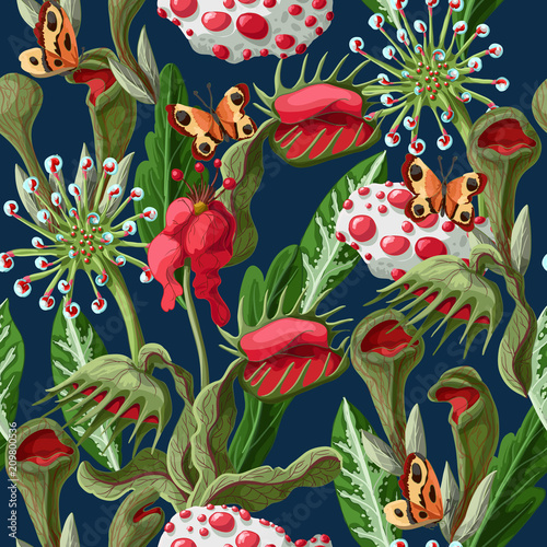 Seamless pattern with plant predators such as Venus flycatcher, sundew and others. Unique flowers botanical illustration.