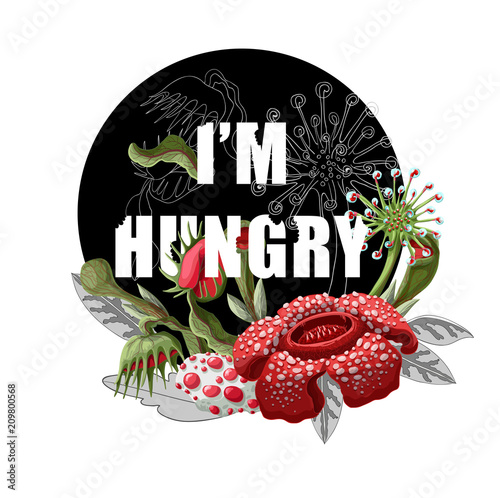 print for t-shirt with plant predators flowers such as Venus flycatcher, sundew and typographical slogan.