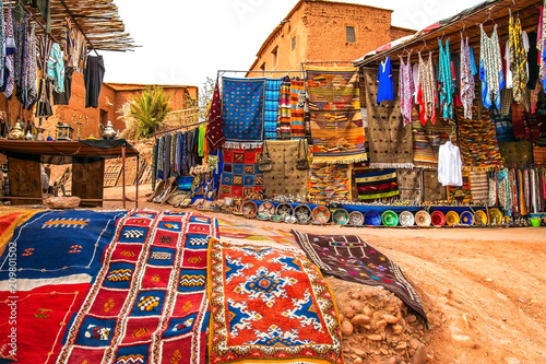 Souvenir shop in the open air in Kasbah Ait Ben Haddou near Ouarzazate in the Atlas Mountains of Morocco. Artistic picture. Beauty world.