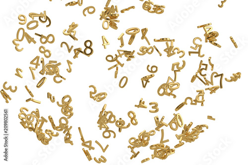 Gold numbers exploded isolated on white background. 3D illustration.