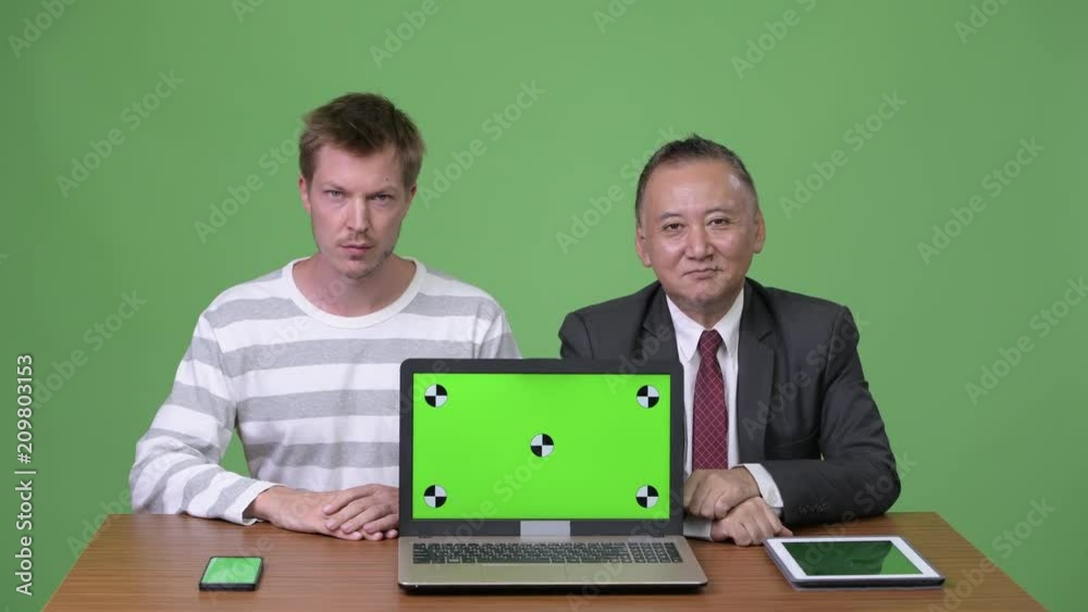 Mature Japanese businessman and young Scandinavian businessman working together Mature Japanese businessman and young Scandinavian businessman working together