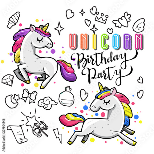 Cute unicorn collection with magic items, rainbow, fairy wings, crystals, clouds, potion. Hand drawn line style. Vector doodles illustrations.