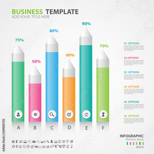 Infographics elements diagram with 6 steps, options, Vector illustration, Arrow icon, presentation, advertisment, Process chart, business flyer, banner design, web design, timeline, silde