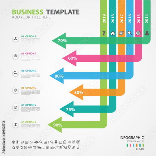 Infographics elements diagram with 6 steps, options, Vector illustration, Arrow  icon, presentation, advertisment, Process chart, business flyer, banner design, web design, timeline, silde