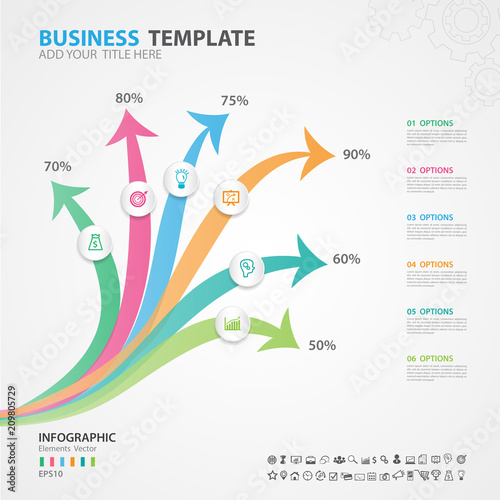 Infographics elements diagram with 6 steps, options, Vector illustration, Arrow  icon, presentation, advertisment, Process chart, business flyer, banner design, web design, timeline, silde
