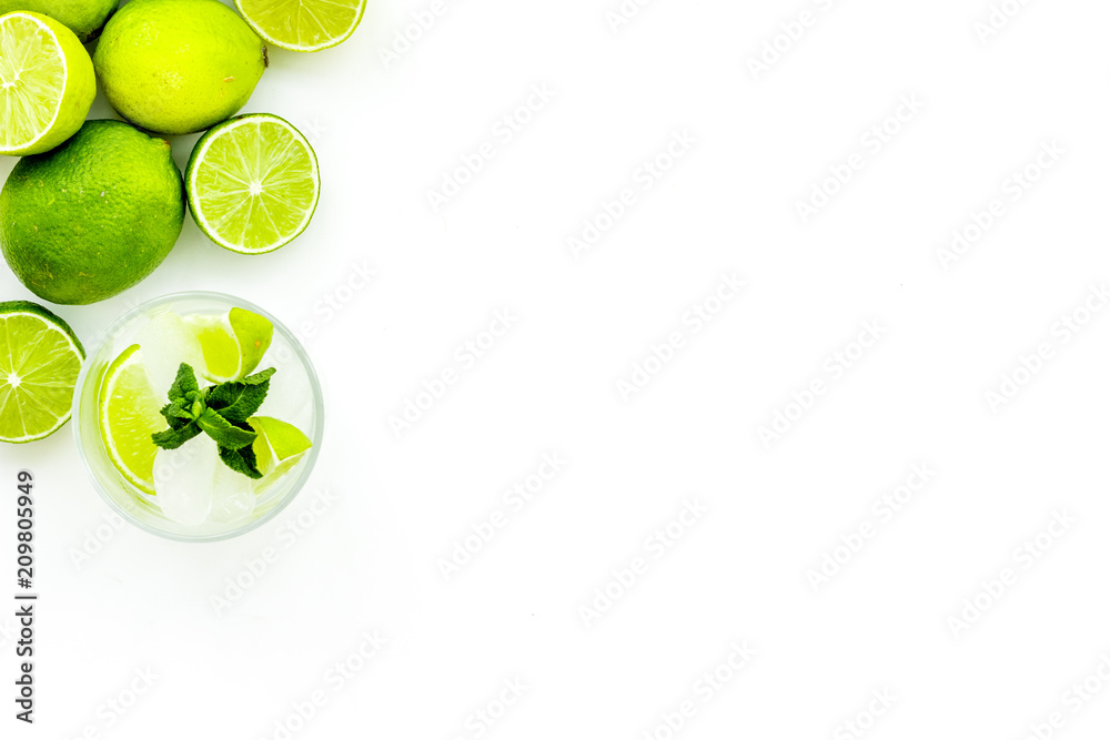 Refreshing mojito cocktail. Slices of lime, mint, glass with ice cubes on white background top view space for text